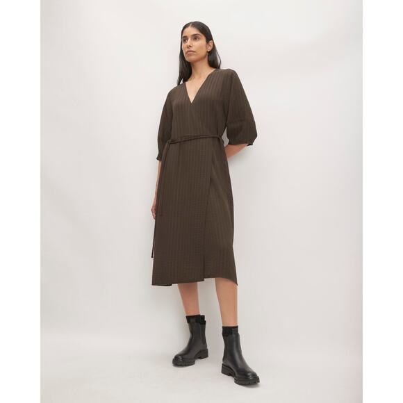 nwt Everlane The City Stripe Wrap Midi Dress Brown Size 8 - Picture 1 of 8